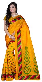 Svb Sarees Yellow Block Print Bhagalpuri Silk Saree With Blouse