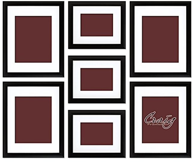 Seven Piece Black Picture Frame Set, White Display Mats 500FSET01S07Z  Gallery Wall Frame Set, Craig Frames, Matted Wall Collage Frames 