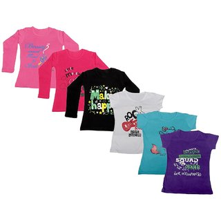 Indistar Girls Cotton Full Sleeves Printed T-Shirt (Pack of 4)_Pink::Black::Red::White::Blue::Purple_Size: 6-7 Year