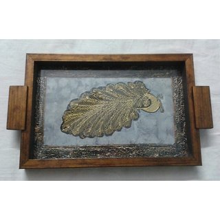 Decorative Serving Tray With A Painting Of Warli Peacock