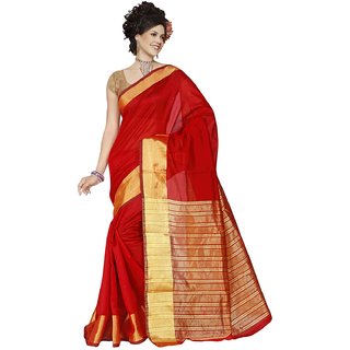 RK FASHIONS Red Cotton Silk Party Wear Printed Saree With Unstitched Blouse - RK227292