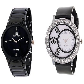 IIK Collection Men And Glory Black PU Butterfly Analog Couple Analog Watches For Men And Women