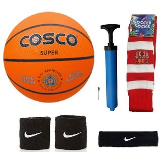 Cosco Super Basketball (Size-7) with Air Pump Black Head Band Free Pair of Wrist Band Soccer Socks