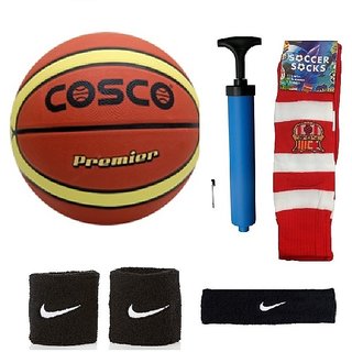 Cosco Premier Basketball (Size-5) with Air Pump Black Head Band Free Pair of Wrist Band Soccer Socks