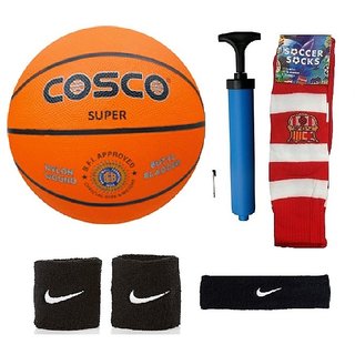 Cosco Super Basketball (Size-5) with Air Pump Black Head Band Free Pair of Wrist Band Soccer Socks