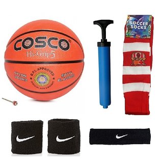 Cosco Hi-Grip Basketball (Size-5) with Air Pump Black Head Band Free Pair of Wrist Band Soccer Socks