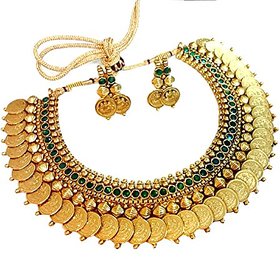 Bhagya Lakshmi Traditional Jewellery Green Emerald Temple Coin Necklace Set With Earrings For Women