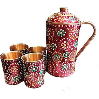 Rastogi Handicrafts Pure Copper Drinkware Set Of 1 Jug Amp 4 Glass Hand Painted Usable Amp Washable Decorative Jug Amp Glass Diwali Christmas Festival Family Occasional Gifts