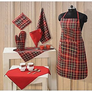 Combo Pack Of Apron, Napkin, Handkerchief, Pot Holder, Gloves - 5 Pcs Set