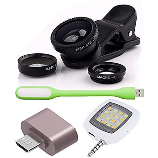 Combo of Universal Mobile Camera Lens Kit + OTG Adapter + USB LED Light and Selfie LED Flash Light