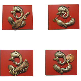 Craftter Wooden Ganesh Musician-Set Of 4 - Wall Hanging