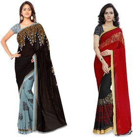 kashvi Sarees Faux Georgette Black_Red And Multi Color Printed Combo Saree With Blouse Piece ( 1108_2_1190_3 )