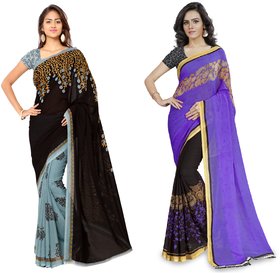 kashvi Sarees Faux Georgette Black_Purple And Multi Color Printed Combo Saree With Blouse Piece ( 1108_2_1190_4 )