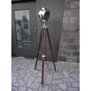 NAUTICAL-ELECTRIC-FLOOR-SEARCHLIGHT-WITH-BROWN-WOOD-TRIPOD