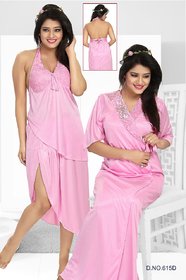Womens 3pc Sleepwear Top Skirt  Over Coat 615D Pink Night Set Daily Lounge Wear Fun Babydoll Bed Dress