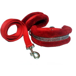 Petshop7 Nylon Dog Collar  Leash with Fur 1 Inch-Red-Medium