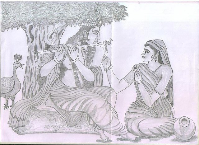 Pencil colored Radha krishna on a art paper : Amazon.in: Home & Kitchen
