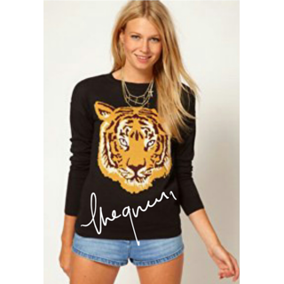 Full Sleeves Black Round You Neck T Shirt With Big Tiger Face Print