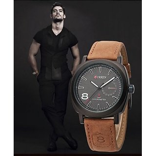 Curren Oval Black Dial Khaki Leather Strap Quartz Watch For Men