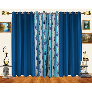 Decor Bazaar Set Of 3 Leaf Aqua Blue Polyester Curtains-7 Feet