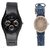 Rosra Black Men and Golden Dial Blue  Women Watches Couple For Men and Women