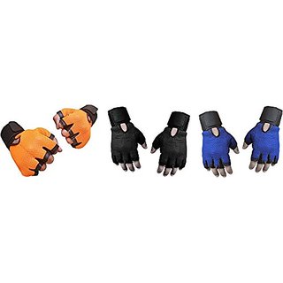CP Bigbasket Pack of three (3) Netted with Wrist Support Gym  Fitness Gloves (Free Size) orange-black-blue