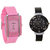 i DIVA'S  Glory Kawa Combo Of Two Watches-Baby Pink Rectangular Dial Kawa And Black Circular Dial Glory Watches by 5 STAR