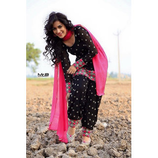 Grandiose Lace Work Black And Pink Punjabi Suit Unstitched
