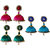 Handmade Silk Thread Peacock Green Dark Sky Blue and Pink Dangler Jhumka Earrings combo Set