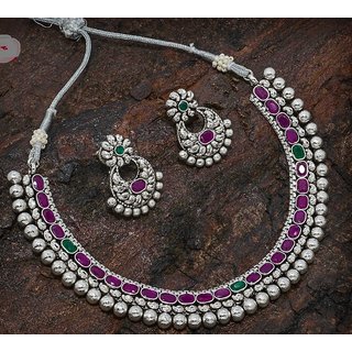 Buy Silver Necklace Set with Kundans 