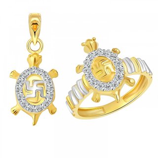 Vighnaharta Swastik Tortoise Ring with Pendant CZ Gold and Rhodium Plated Alloy Ring Set for Women and Girls