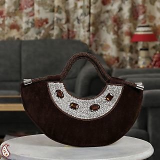 Aapno Rajasthan Bole Brown Velvet & Stone Crescent Moon Bag (HB1305)