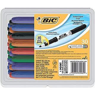BIC Great Erase Grip Low Odor Dry Erase Marker, Fine Point, Assorted Colors - 30 Dry Erase Markers
