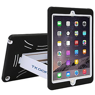 TKOOFN Heavy Duty Silicon Defender Multilayer Protective Shell Military Shockproof Bumper Case Cover with Built in Stand for 2014 iPad Air 2 (iPad 6) Black/White
