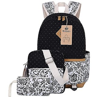 BLUBOON Canvas Backpack Girls School Bags Set for Teens Bookbags Shoulder bag Pouch 3 in 1 Black