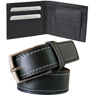 Ws deal men's black synthetic leather needle pin point buckle belt with black synthetic leather wallet (combo)