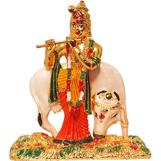 Estatua Lord Krishna Con Kamdhenu En Latón Dorado - 4 Pulgadas, Figura Hindú Decorativa, Ideal Para Pooja O Regalo