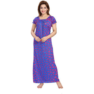 Be You Serena Satin Blue-Pink Floral Printed Nightgown for Women