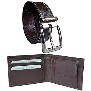 Ws Deal men black  leatherlite needle pin point buckle belt with brown bifold synthetic leather wallet