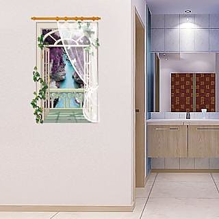 Jaamso Royals ' 3D Fake Window Lavender Sticker  ' Wall Sticker (PVC Vinyl, 90 cm X 60 cm, Decorative Stickers)