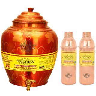                       Taluka Apple Design Pure Copper Water Pot Dispenser Matka Water Tank Water Storage Capacity :- 16 Liter Weight :- 1600 Grams With Handmade Set 2 Copper Bottle 800 ML Each for use Storage Drinking Water Restaurant Hotel Home Ware Gift Item                                              
