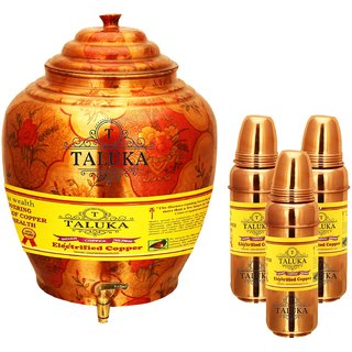                       Taluka Apple Design Pure Copper Water Pot Dispenser Matka Water Tank Water Storage Capacity - 16 Liter Weight - 1600 Grams Set With 3 Copper Water Bottle 800 ML Each Bottle for use Storage Drinking Water Restaurant Hotel Home Ware Gift Item                                              