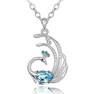 GirlZ! Awesome Blue Crystal Peacock Silver Finish Pendant - With Chain.