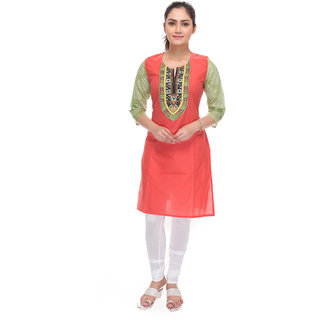 Navrachna coral cotton kurti with abstract embroidery on yoke and contrast embroidered sleeve available at ShopClues for Rs.469