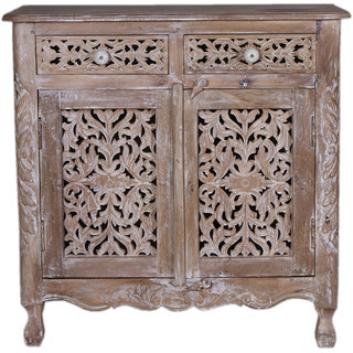 Jaitex Exports White And Brown Color Antique Wooden Cabinet With 2 Drawes And 1 Shelf 2 Boxes