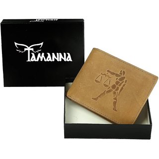 Tamanna Men Tan Genuine Hunter Leather Wallet (8 Card Slots) Big coin pocket with Libra Zodiac sign
