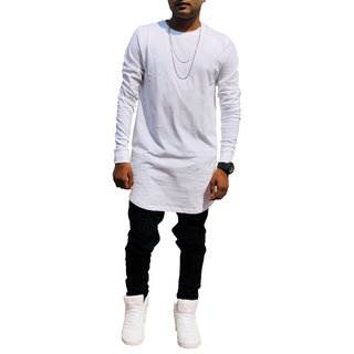 Men s Longline full sleeve Apple cut T shirt White
