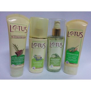 Lotus Herbals Teatreewash Tea Tree & Cinnamon Anti-Acne Oil Control Face Wash 80 G+ Teatreeclear Tea Tree Clarifying Face Pack 60 G+ Lemonpure Turmeric & Lemon Cleansing Milk 80 Ml+ Basiltone Cucumber & Basil Clarifying & Balancing Toner 1