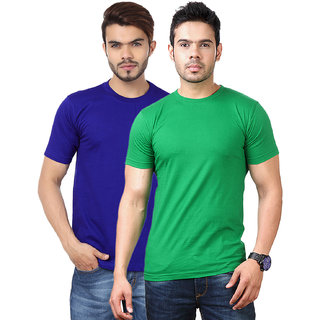Ketex Men's Blue and Green Round Neck Plain Polyester Blended T-shirt (Pack of Two)