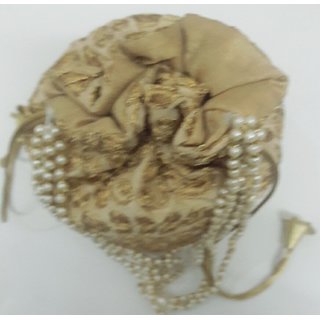 Golden Designer Embroidered Silk Potli Bag Pearl Handle Purse Wedding Womens Handbag With Drawstring